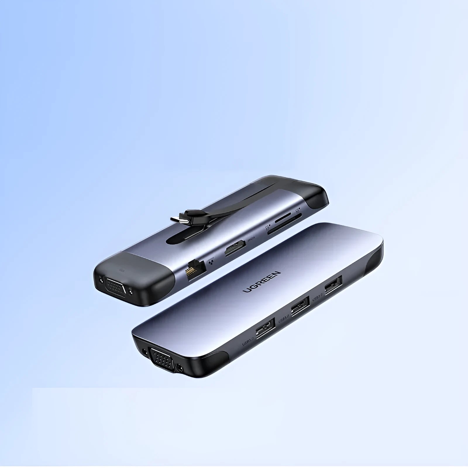USB-C to multi-port docking station adapter with short cable shown next to a laptop, displaying HDMI, USB, and charging ports.