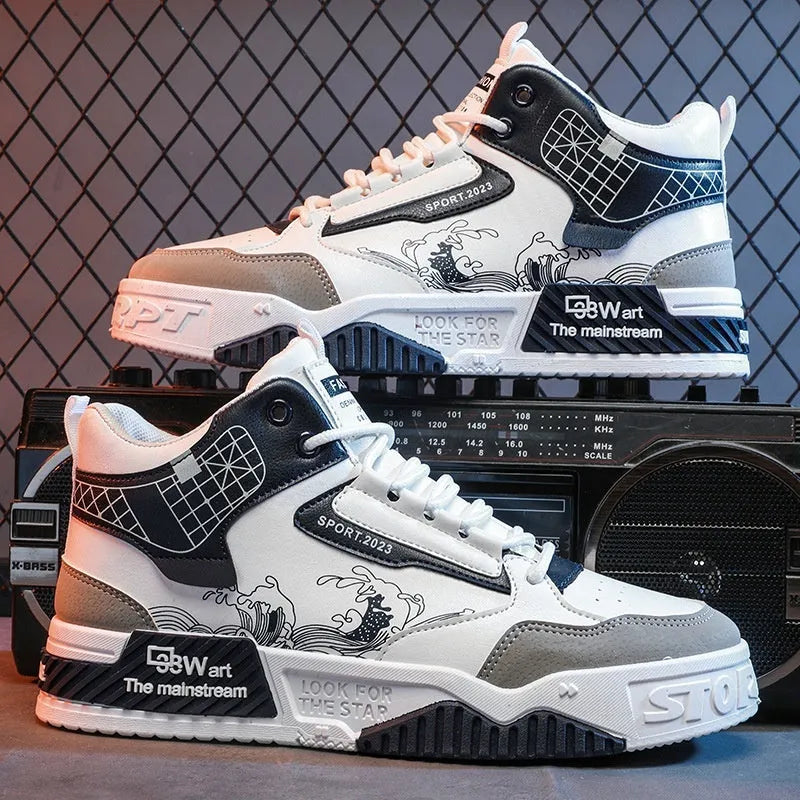 Men's casual high-top board shoes with rubber sole, broad fit, front lace-up, available in beige, white, and blue sizes 39-44.