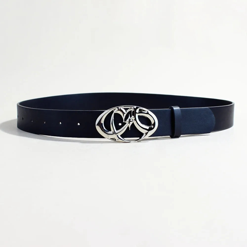 PU leather casual belt with silver alloy buckle showing snap button fastening mechanism