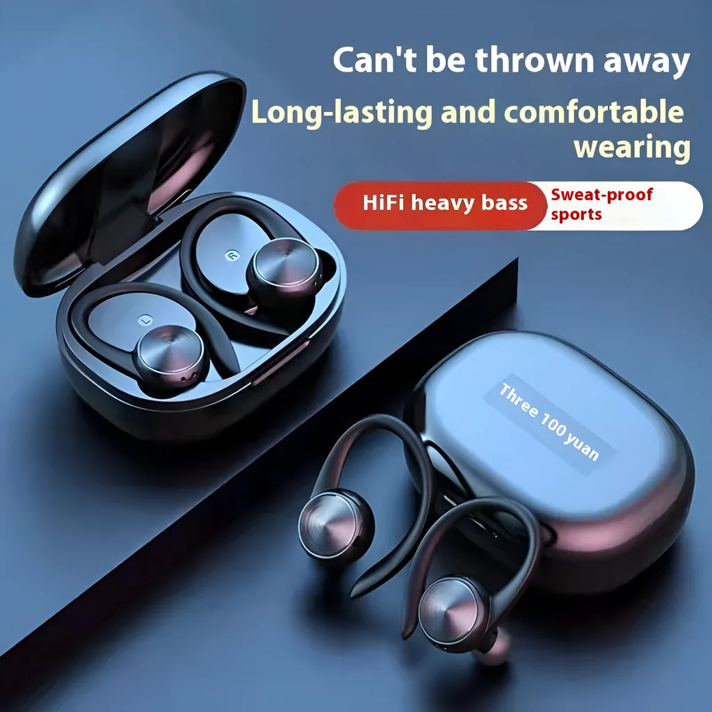 R200TWS ear-mounted sports Bluetooth headset with digital display, sweat-proof design, available in black white pink skin