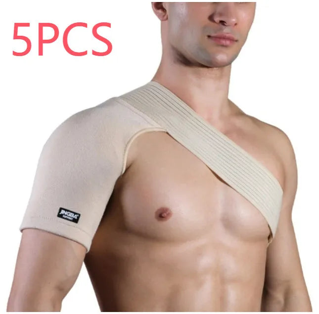 Adjustable skin-coloured sports protective strap for shoulder support in multiple activities.