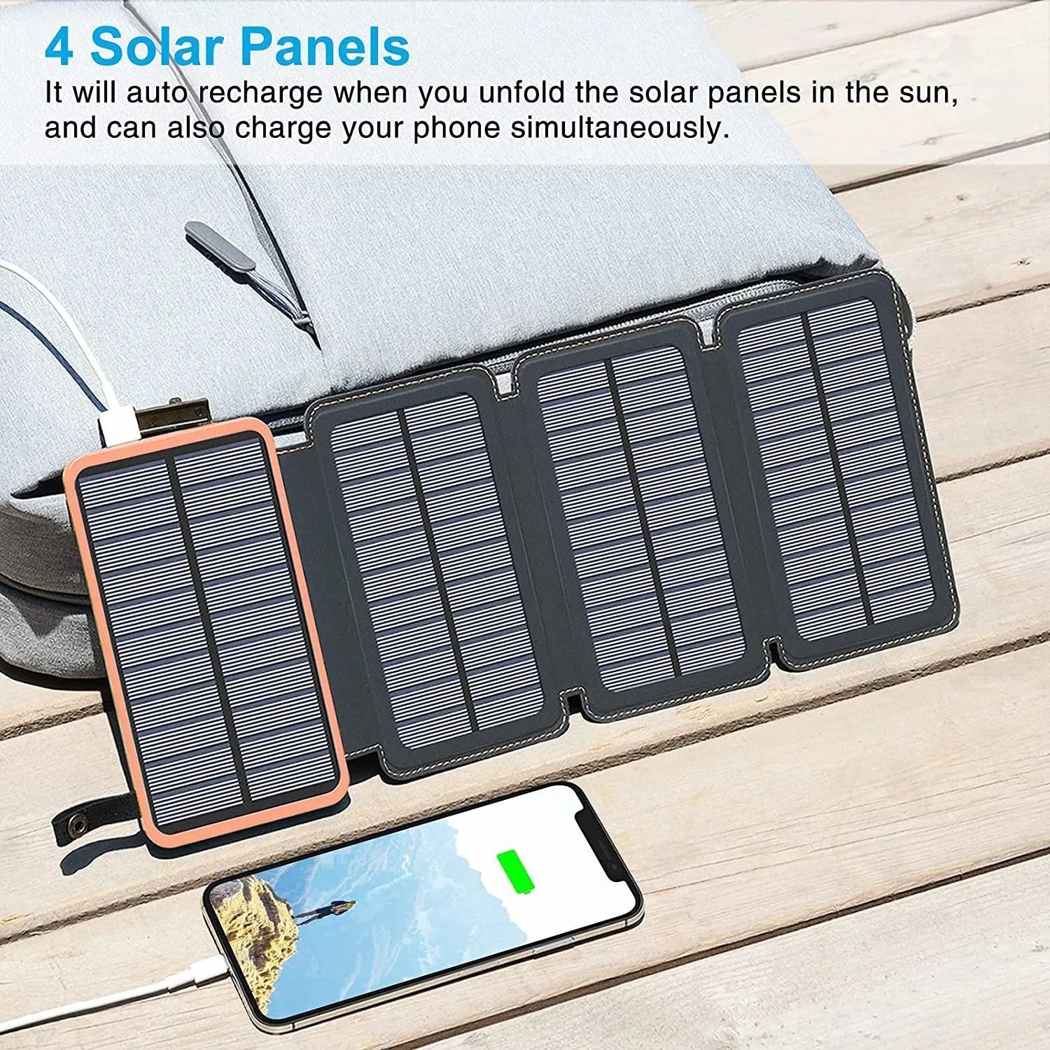Black outdoor solar power bank with a solar panel, LED light, and soft leather finish, shown with a charging cable.