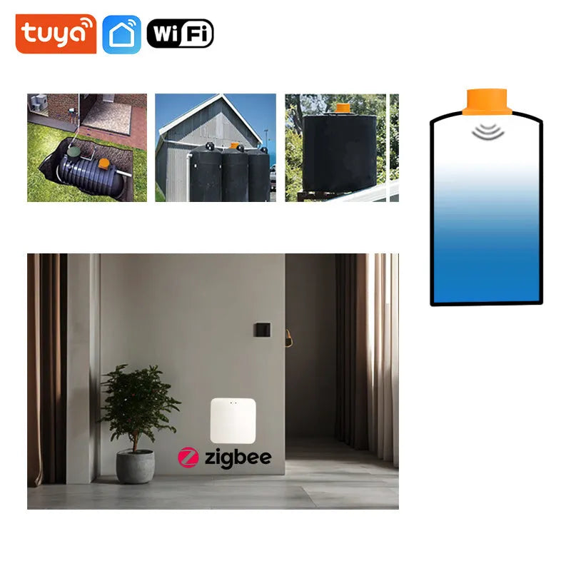 Moray ME201W wireless fluid level sensor with white PC plastic housing and connected power supply for remote tank monitoring.