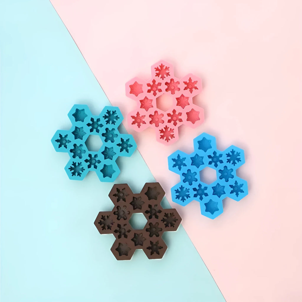 12-hole snowflake silicone mold in light blue for DIY ice cubes and baking