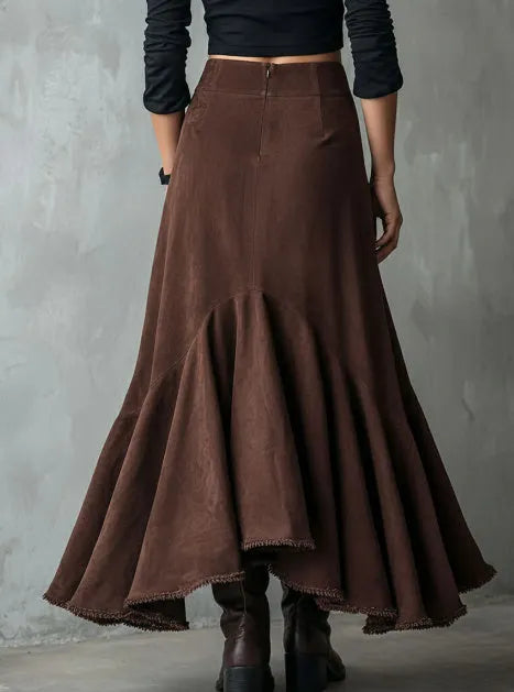 Western brown polyester maxi skirt with high-low hemline and ruffle trim detail