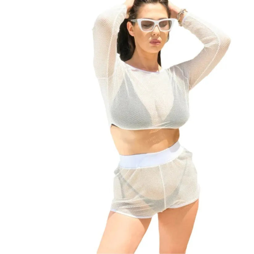 White transparent women's beach swimsuit set with breathable straps and skirt.