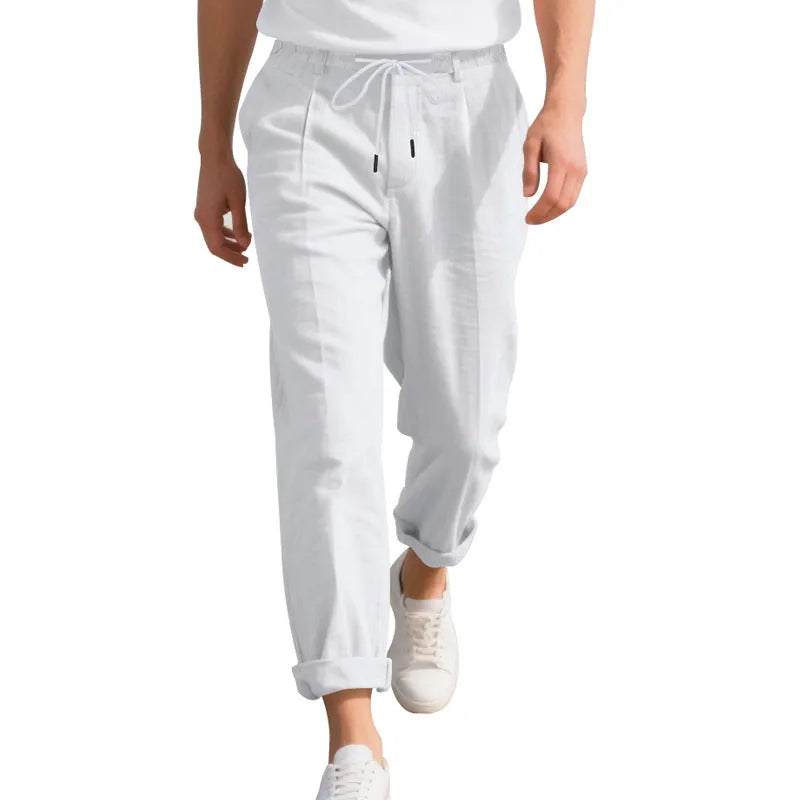 Men's linen casual trousers in loose straight-leg style with drawstring waist