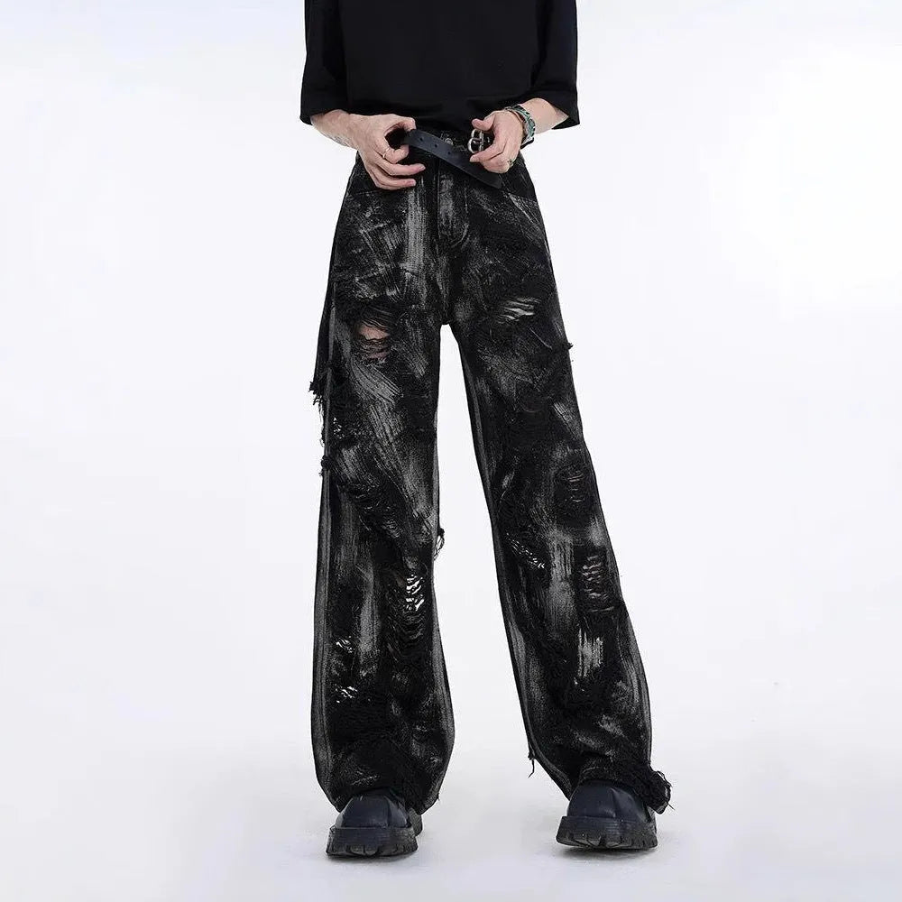 Men's heavyweight washed denim jeans in American high street style with micro elasticity