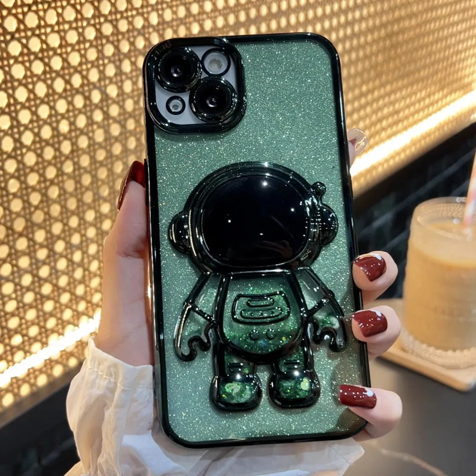 Astronaut spaceman quicksand TPU phone case with electroplating for iPhone, glitter powder colours blue green silver black pink