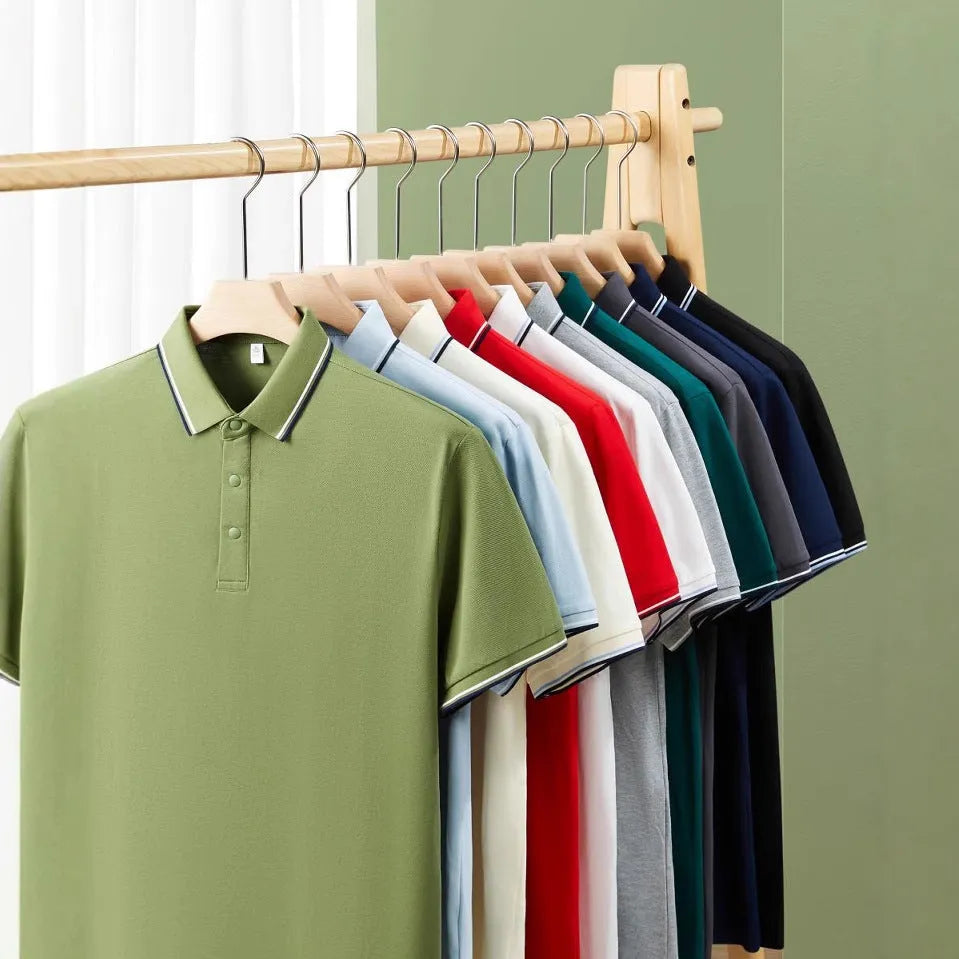 Pure cotton soft polo shirt with lapel collar and short sleeves in army green, straight fit, business casual men's top