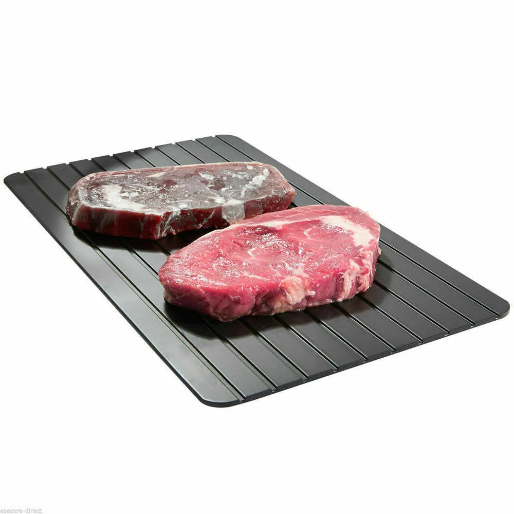 Black aluminium fast defrost tray for thawing frozen meat and food without electricity.