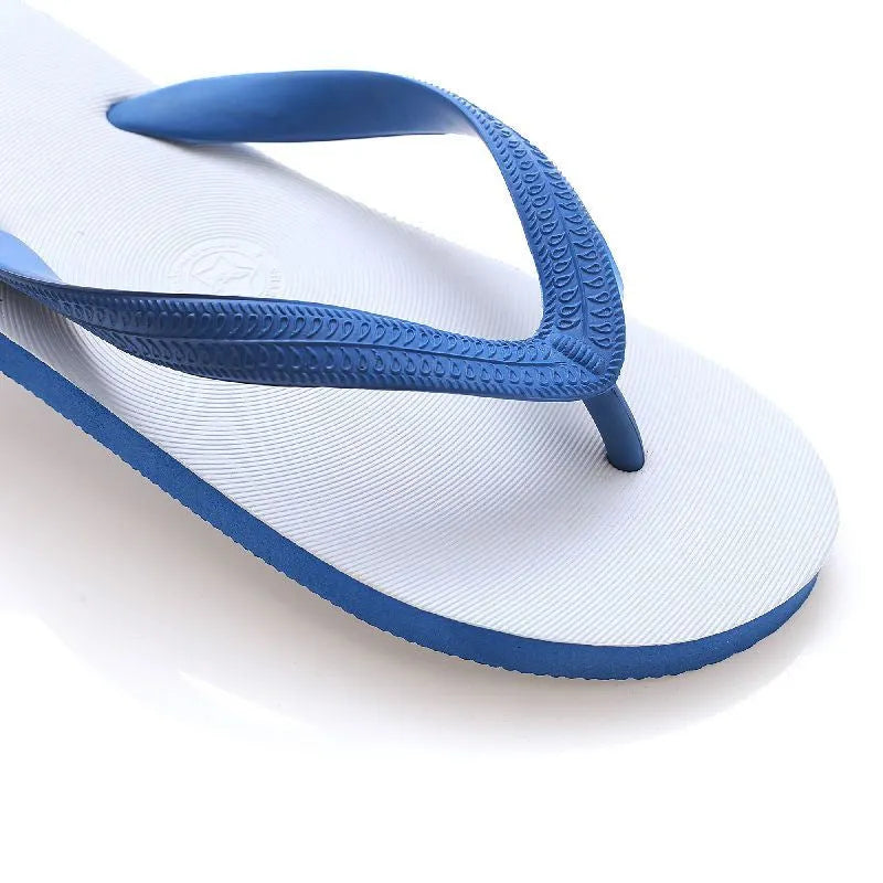 Men's rubber beach flip-flops with fish label design in green, red, blue and black colours