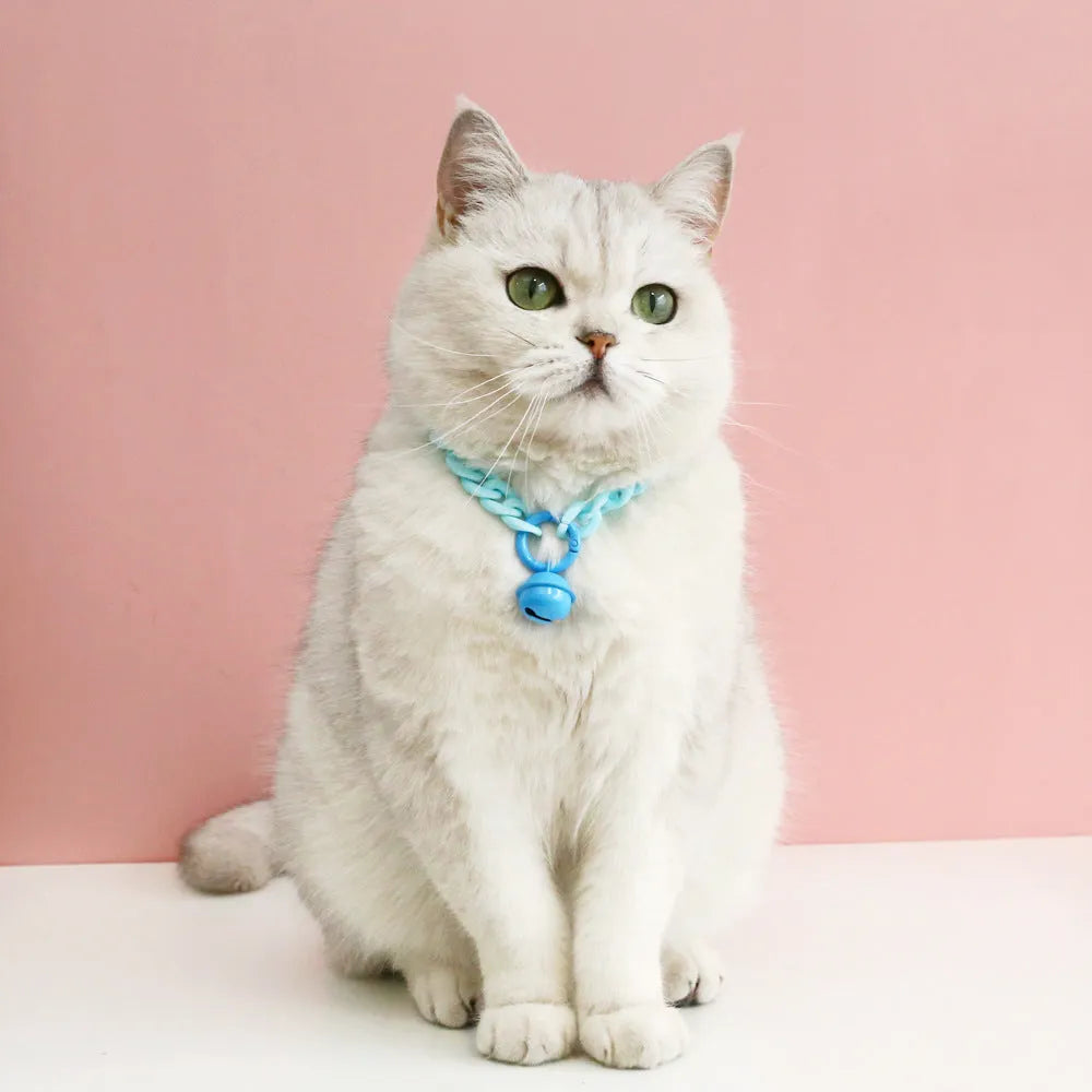 Adjustable plastic pet collar in macaron candy colours of blue, pink, and mixed chain for cats, dogs, or rabbits.