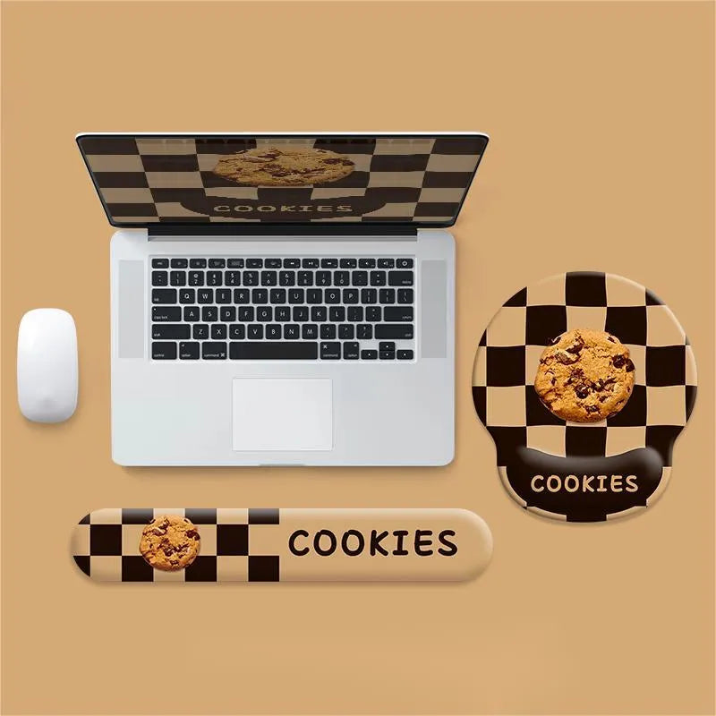 Cartoon cheese wrist rest mouse pad with keyboard holder placed on a wooden desk next to a notebook computer