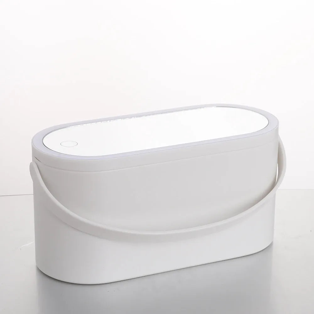 Pink gradient LED makeup mirror storage box with open compartments showing mirror and storage space