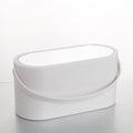 Pink gradient LED makeup mirror storage box with open compartments showing mirror and storage space