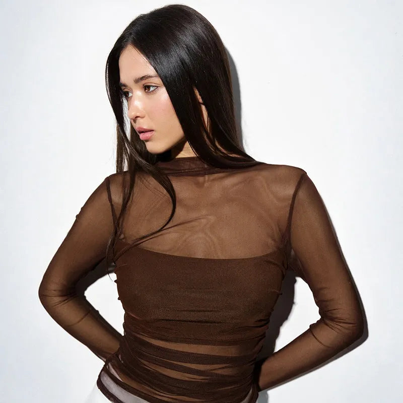 New round-neck pullover sheer mesh bustier spliced top in brown with long sleeves