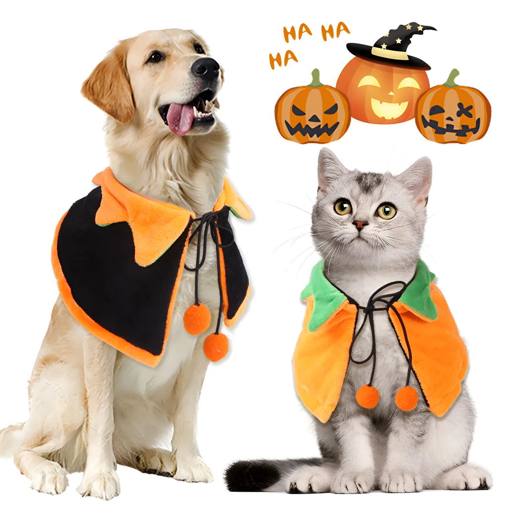 Plush Halloween cloak for pets with double-sided design in pumpkin colours