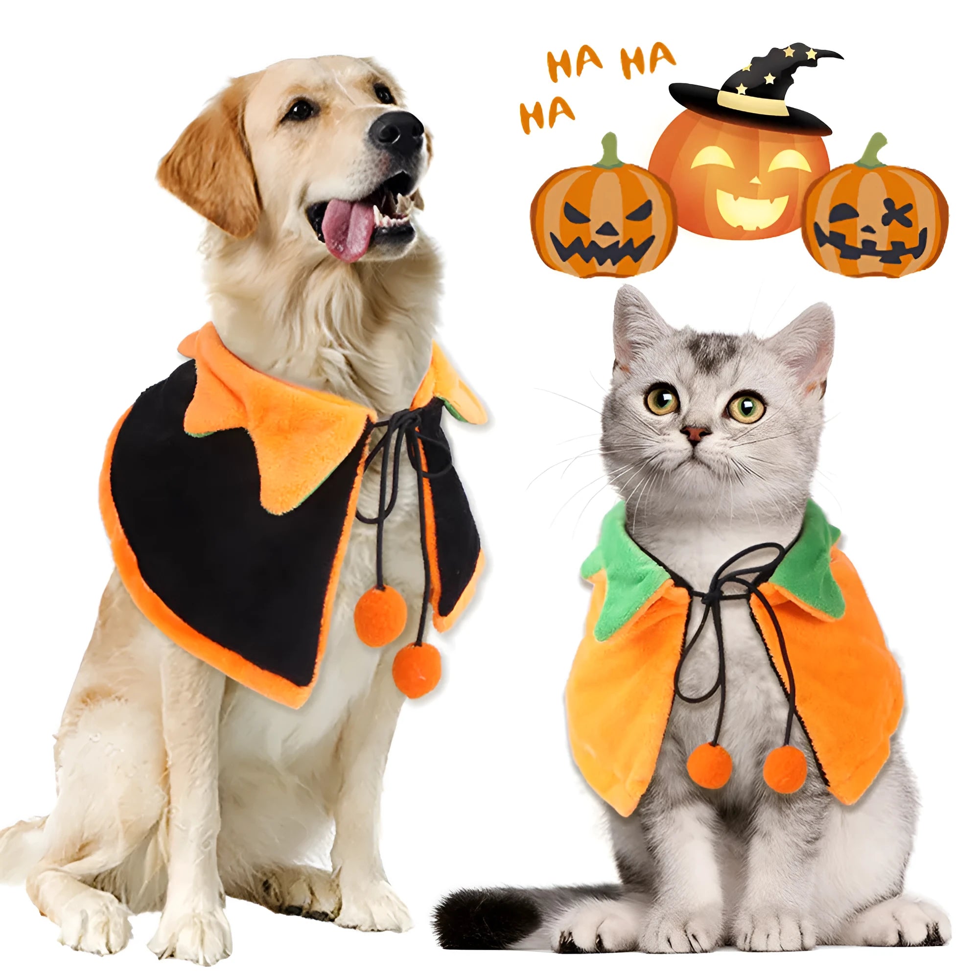Plush Halloween cloak for pets with double-sided design in pumpkin colours