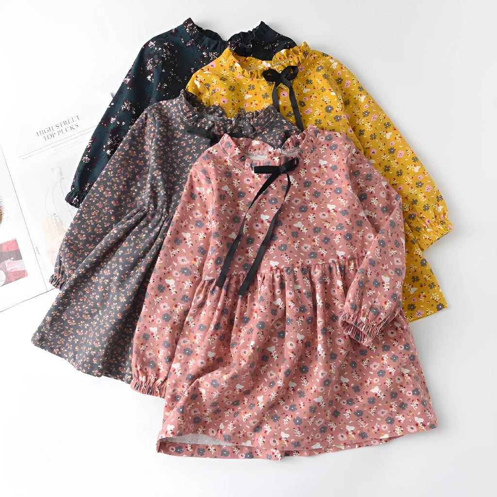 Girls' floral cotton long sleeve princess dress with ribbon bowknot in pink, gray, green or gold, sizes 90cm to 150cm.