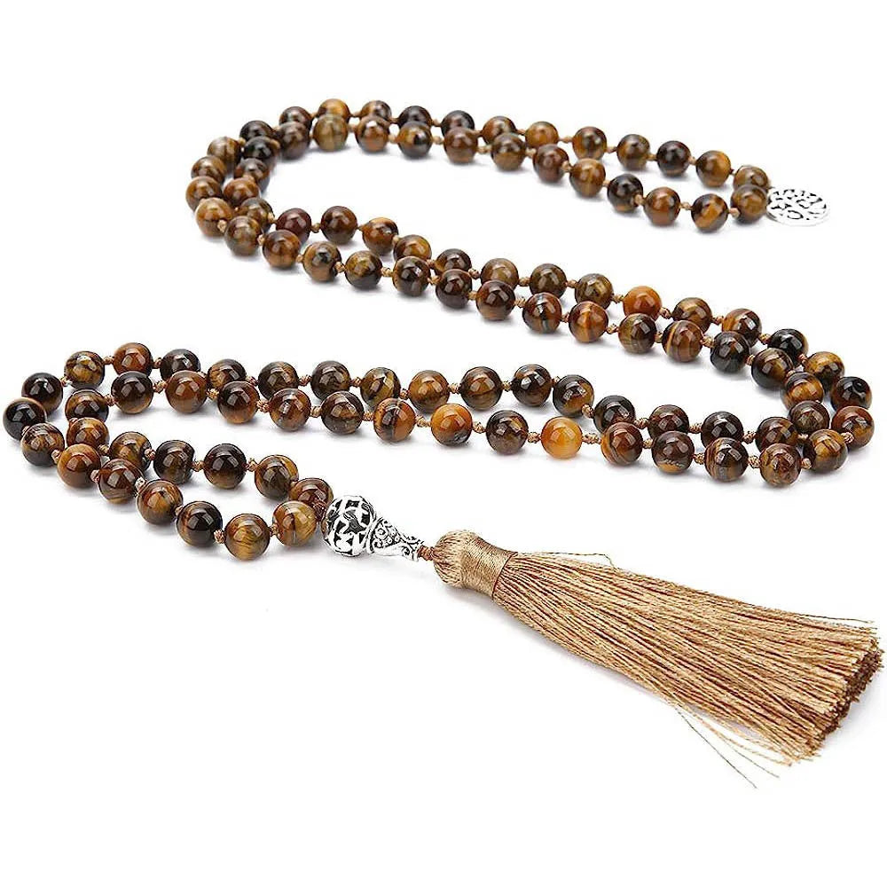 Handmade knotted stone bead necklace with 108 8mm beads in natural colours