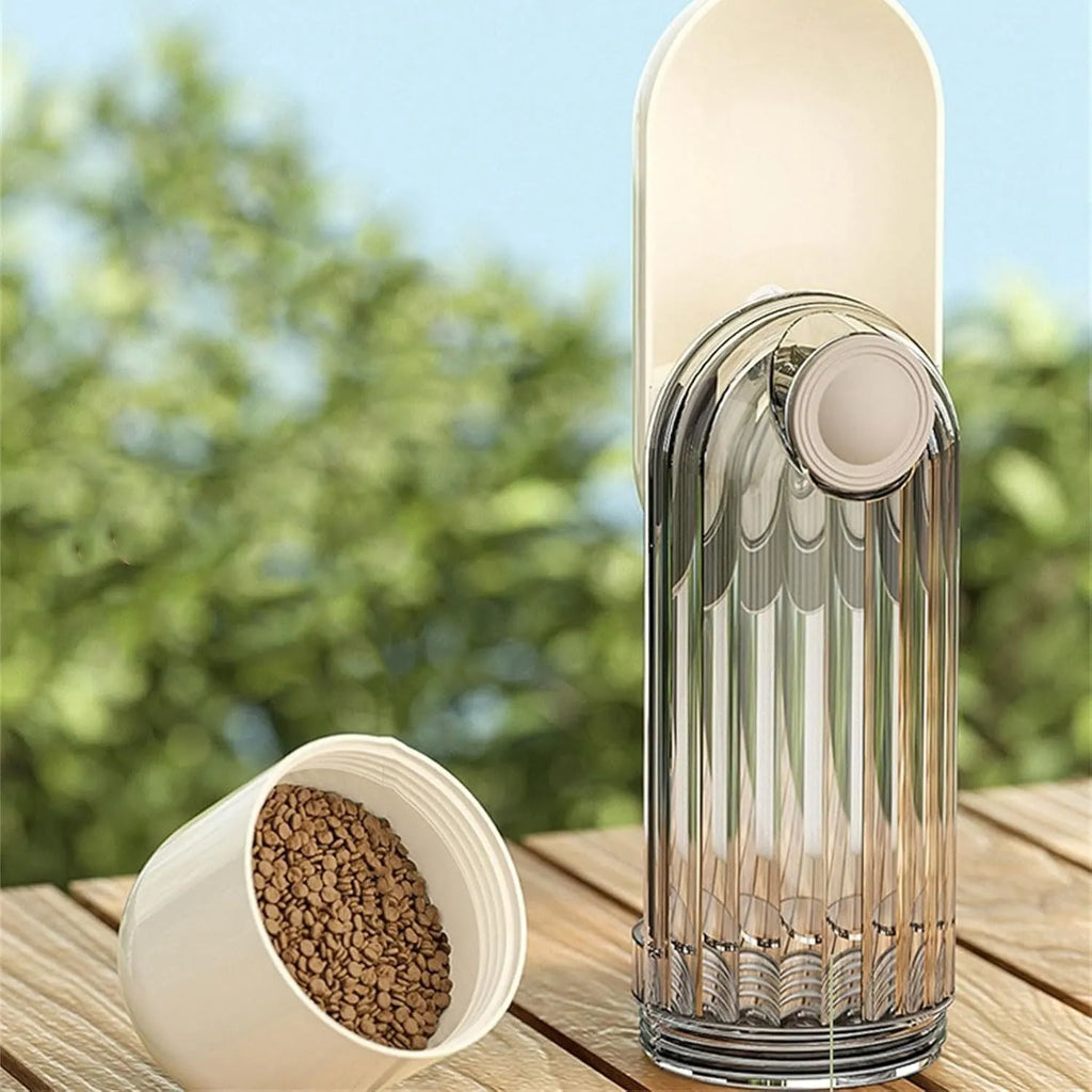 Foldable dog water bottle with food dispenser in beige or green colours for outdoor walking and hiking
