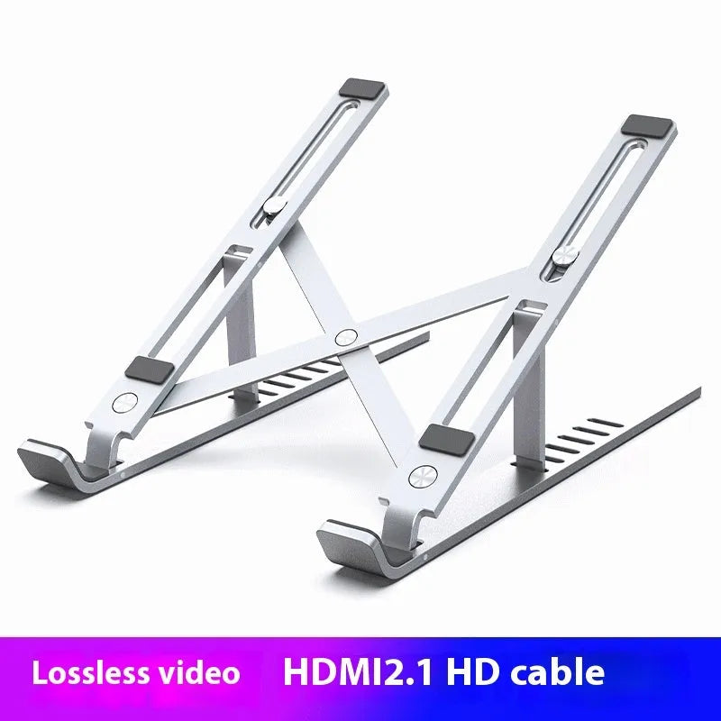 Silver aluminum alloy desktop laptop stand with adjustable height from 65mm to 95mm on a wooden desk
