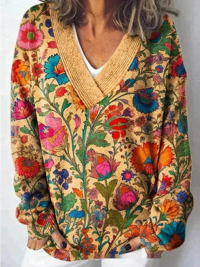 Women's V-neck floral print sweatshirt with 3D effect and long sleeves in an art retro style.
