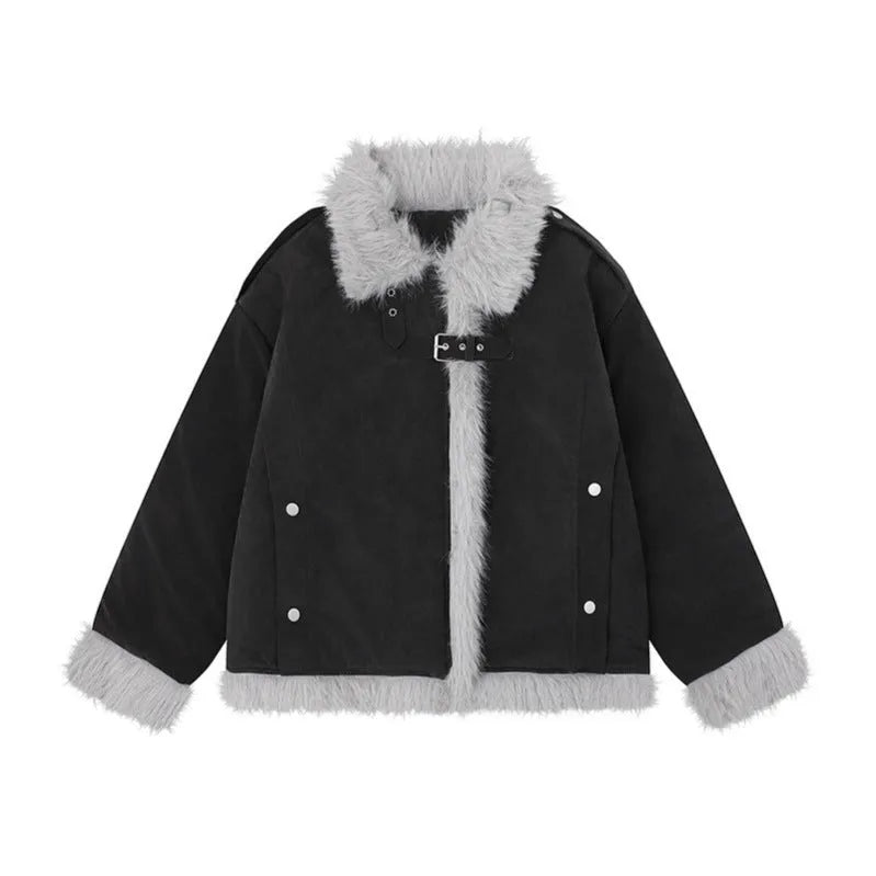 Women's American-style retro lamb wool coat in loose fit, black colour, front view