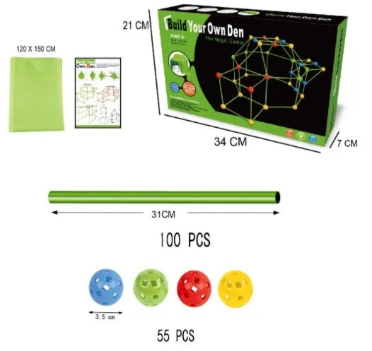 Luminous plastic fort building kit for kids with connecting sticks, balls, and storage bag.