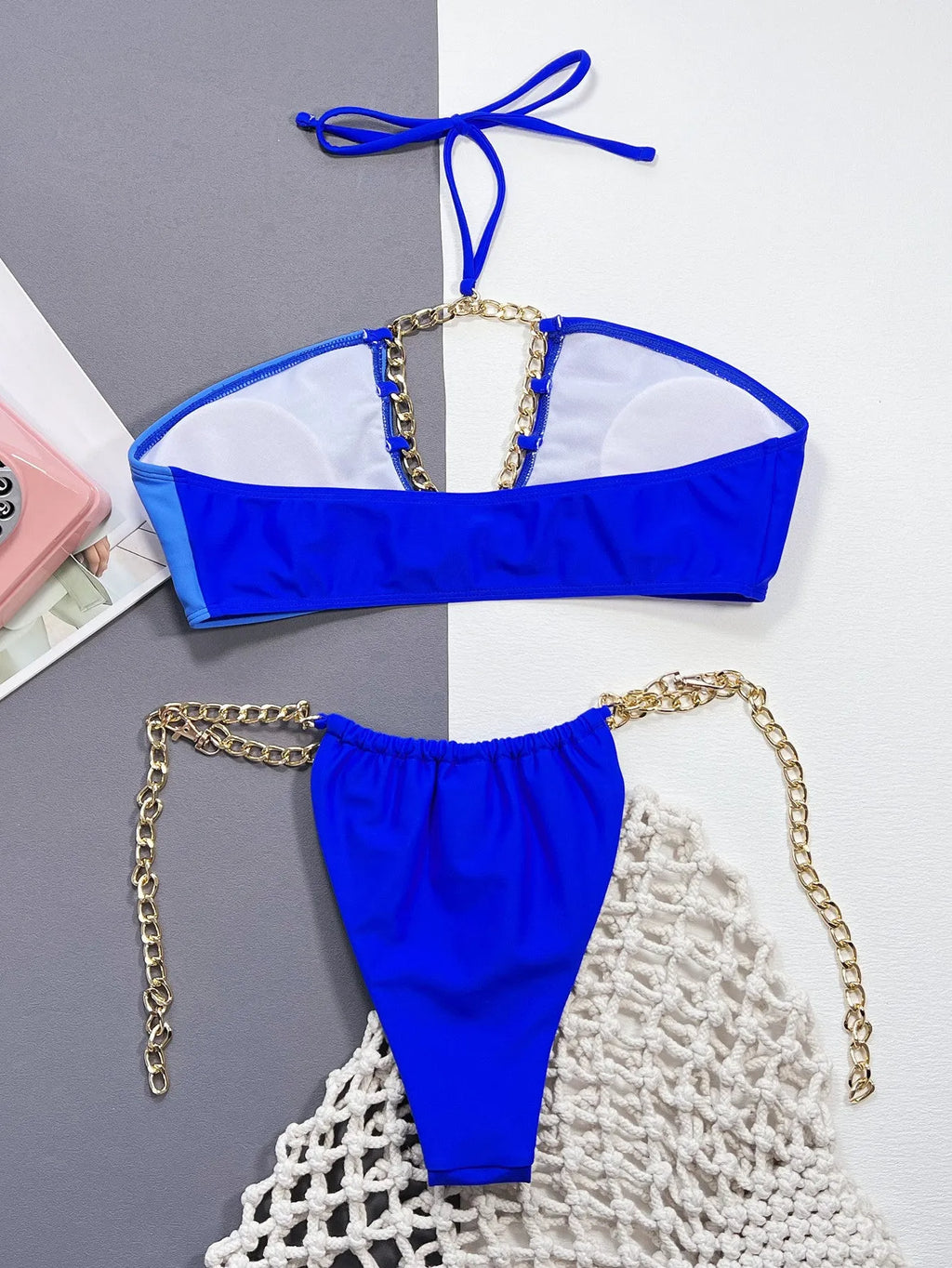 Blue solid colour women's bikini set with nylon fabric split top and bottom on model