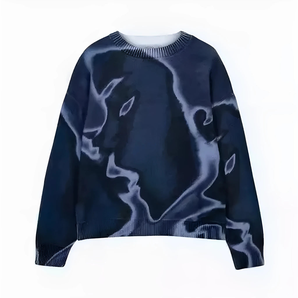 Fashion casual printed polyester sweater in Rose Red, front view, showing printed pattern and crew neckline