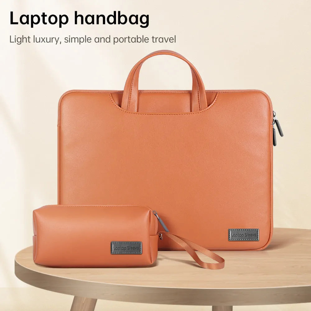 Shockproof PU leather laptop bag in black with shoulder strap and accessory bag for 15.6 inch laptops
