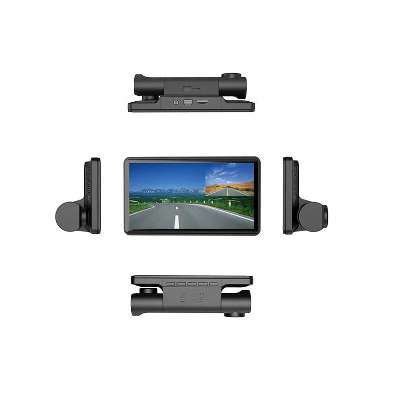 Black three-lens dash cam with 4-inch touch screen for front and rear vehicle recording