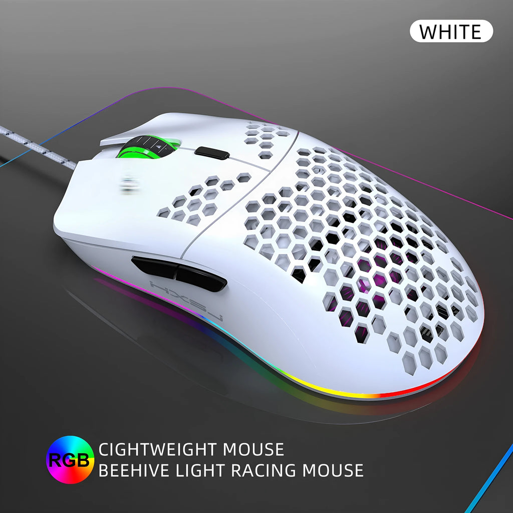 J900 lightweight honeycomb shell wired gaming mouse with RGB lighting, black colour, 6 buttons and 150cm cable