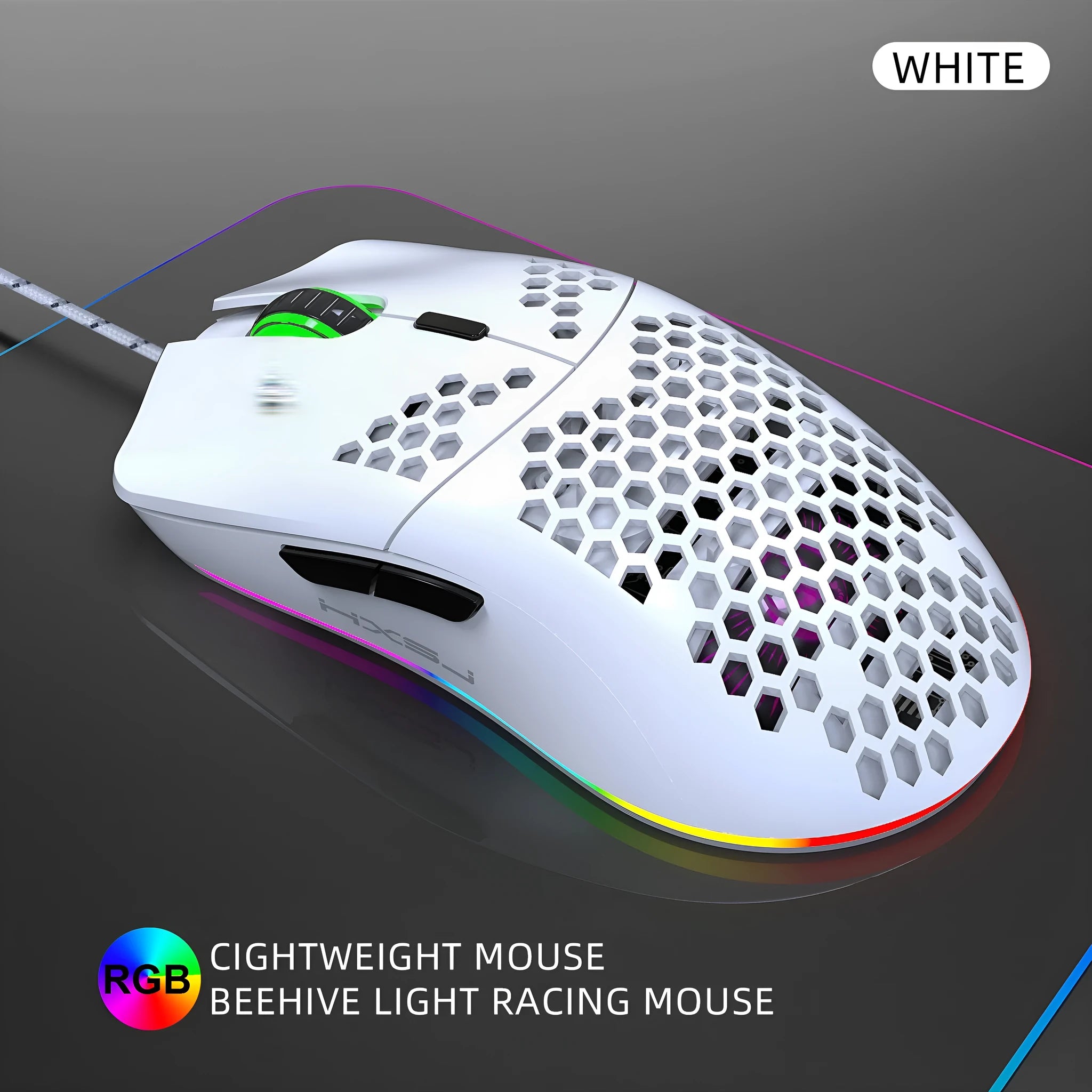 J900 lightweight honeycomb shell wired gaming mouse with RGB lighting, black colour, 6 buttons and 150cm cable