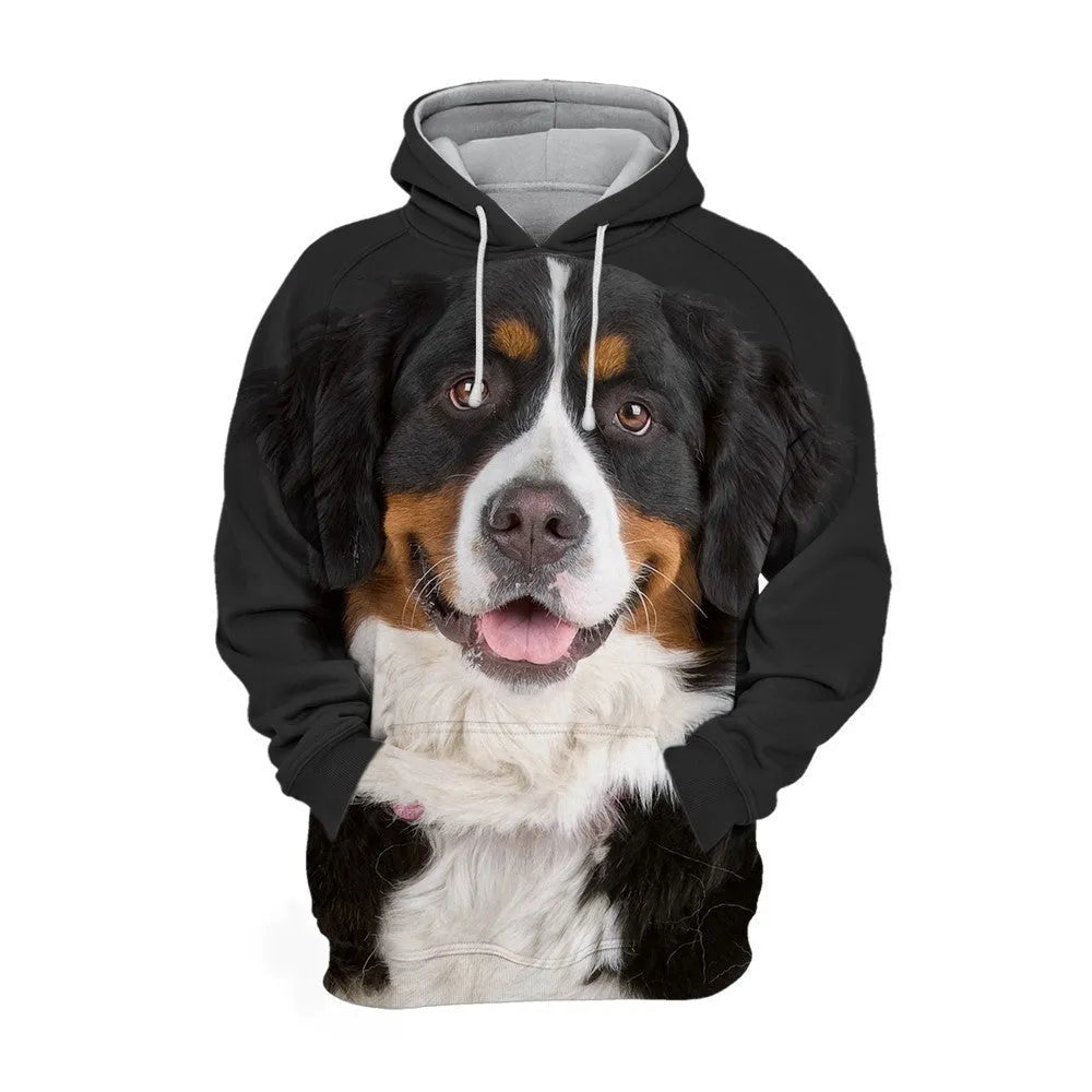 Men's 3D digital print dog hoodie in air-layer polyester – loose fit pullover with hood and long sleeves