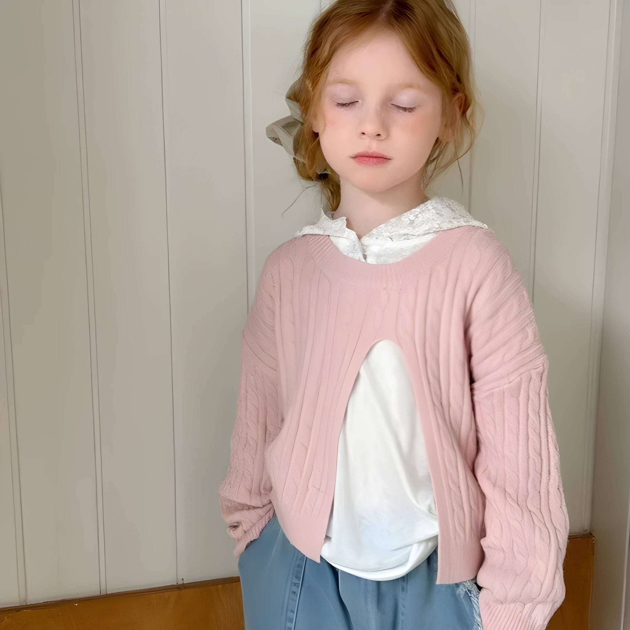 Girls' cotton knitted pullover in solid lotus root colour with retro split hem, suitable for heights 90-150cm