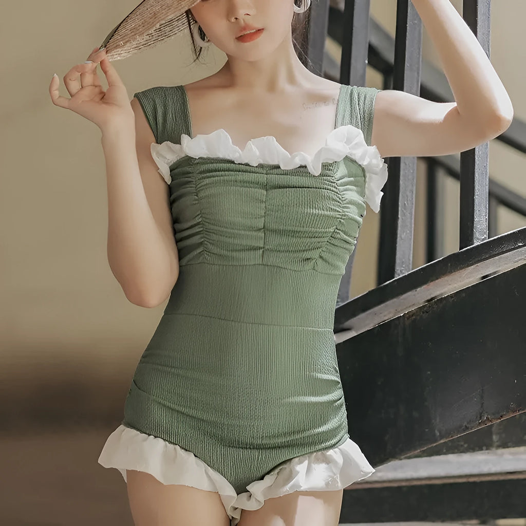 Korean style high waist one-piece swimsuit in quick-drying polyester fabric
