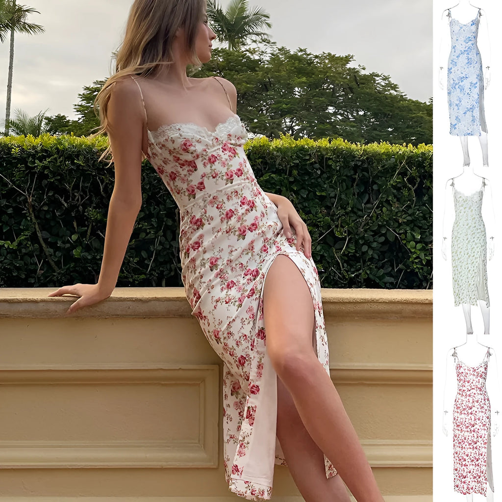 Blue lace flowers print long dress with suspender straps and a high thigh slit.