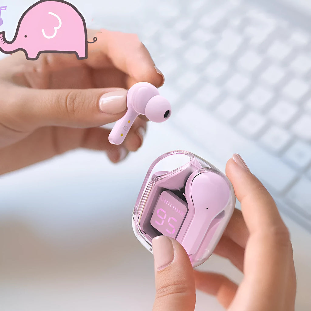 Mini wireless Bluetooth headset with LED digital display, shown in one of five colour options with charging case and earplugs