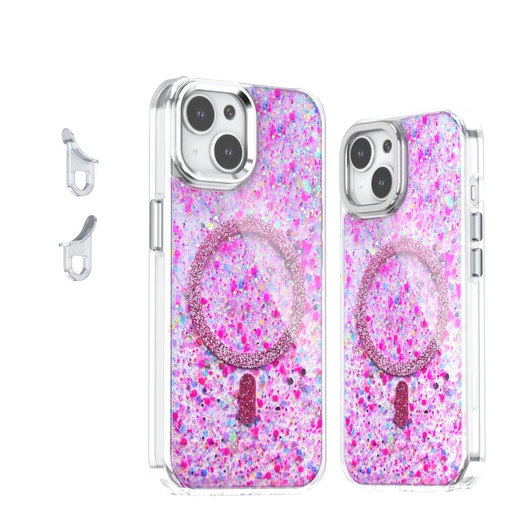 Creative glitter sequins epoxy magnetic phone case for iPhone, transparent back, TPU, available in multiple colours compatible with IP12 to IP16 series