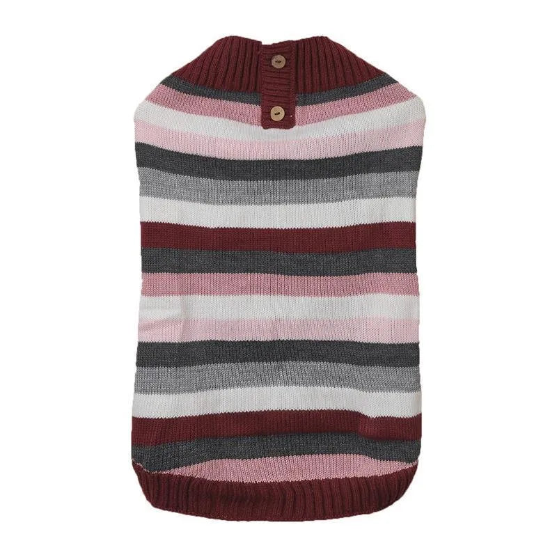 Blue dog jumper with a horizontal front zipper, a button pocket, and contrast trim on a small dog.