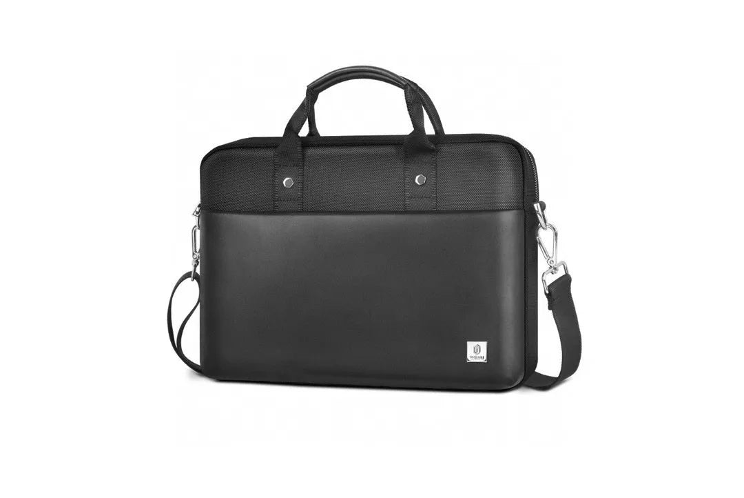 Black Oxford cloth laptop handbag with multiple compartments shown open, displaying organised storage for a 15.6-inch computer.