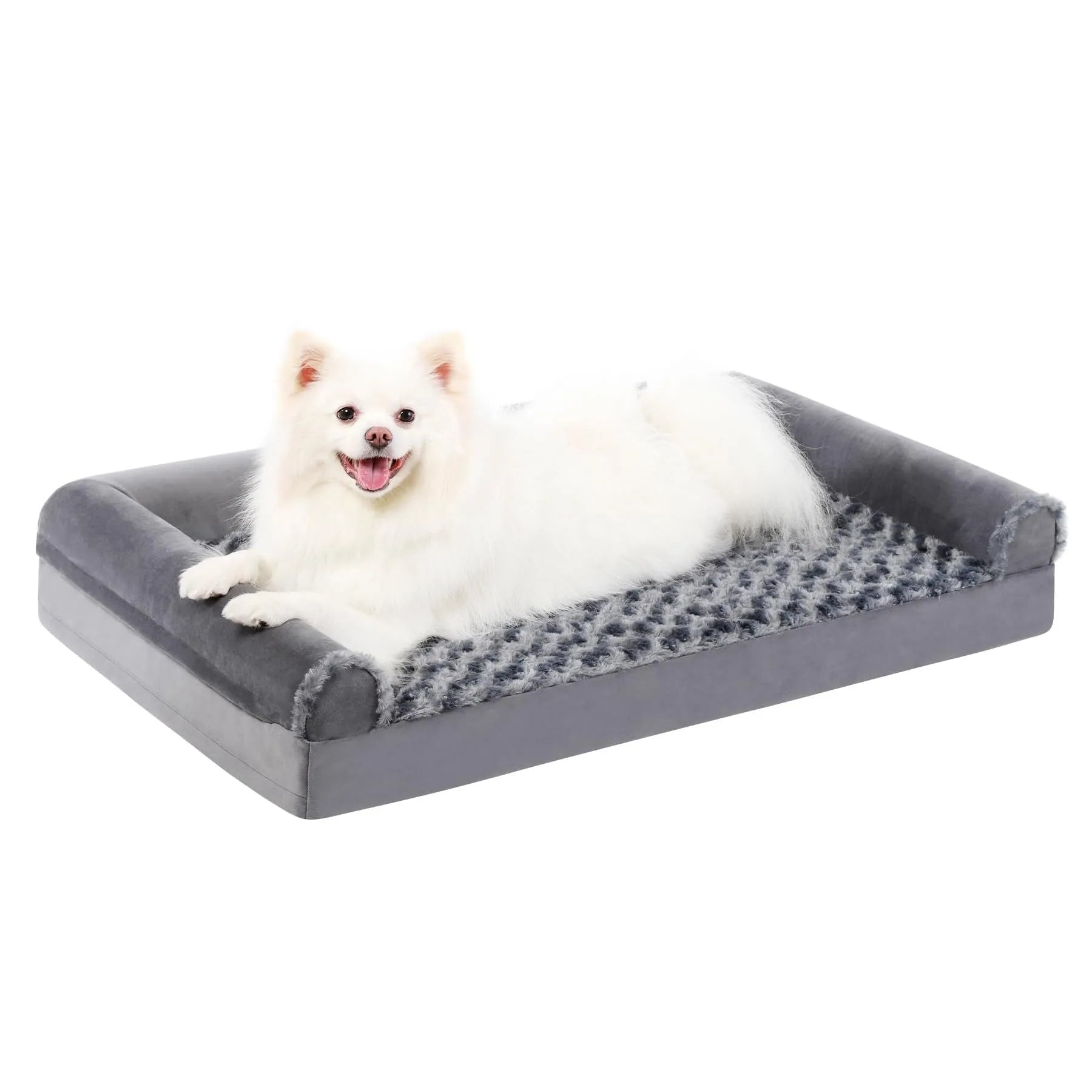 Grey U-shaped dog sofa bed with embossed velvet removable cover and sponge cushion