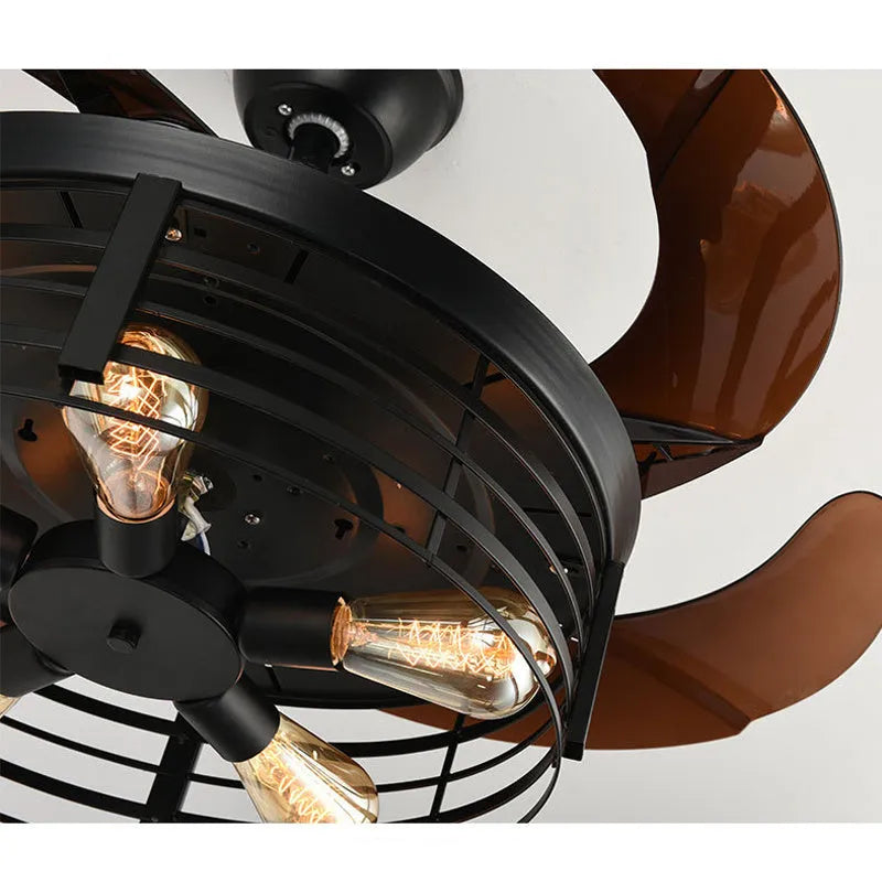 American retro styled ceiling fan lamp with integrated light and acrylic blades, shown with remote control.
