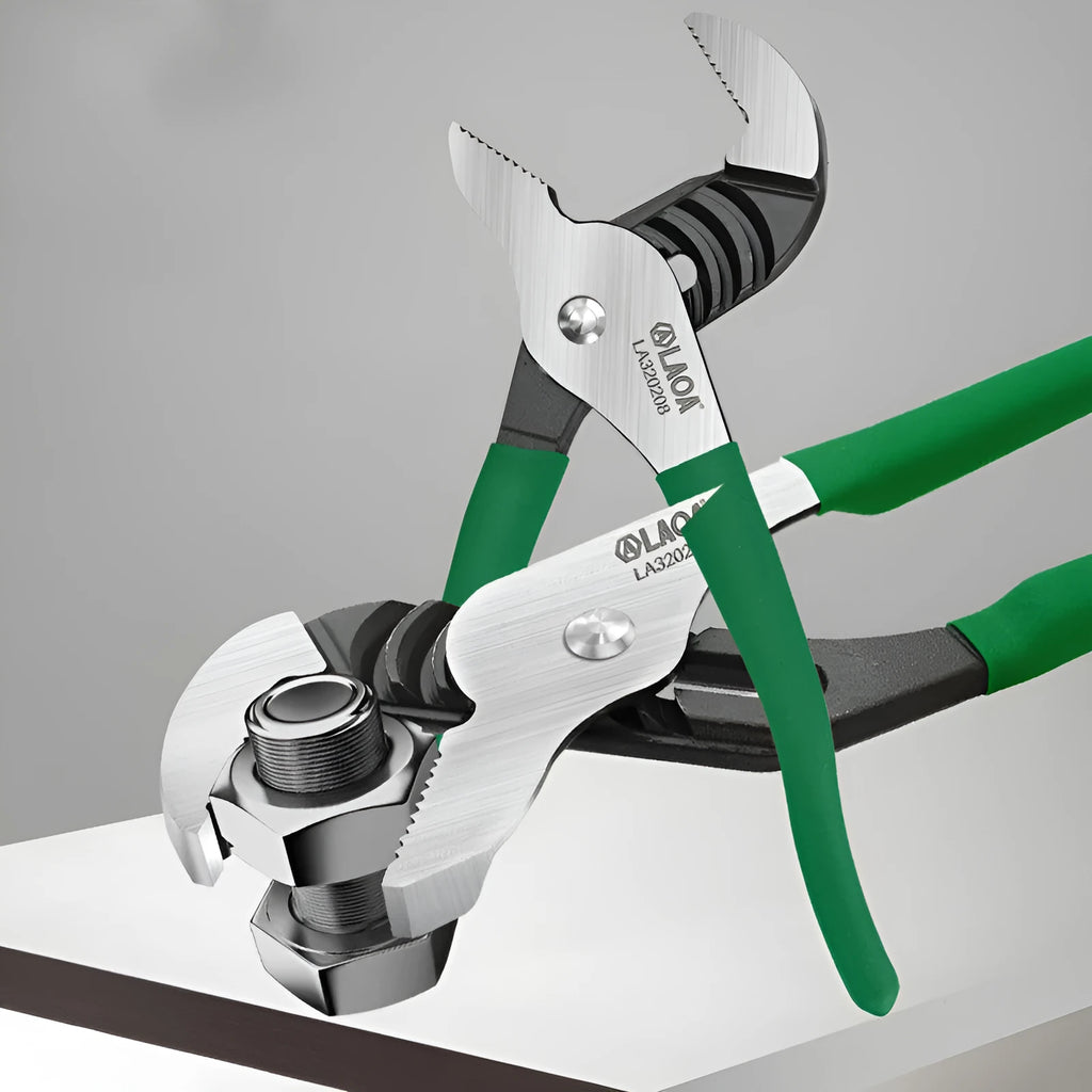 Adjustable CR-V steel pipe wrench with viscous plastic handle, shown in various sizes on a workbench.