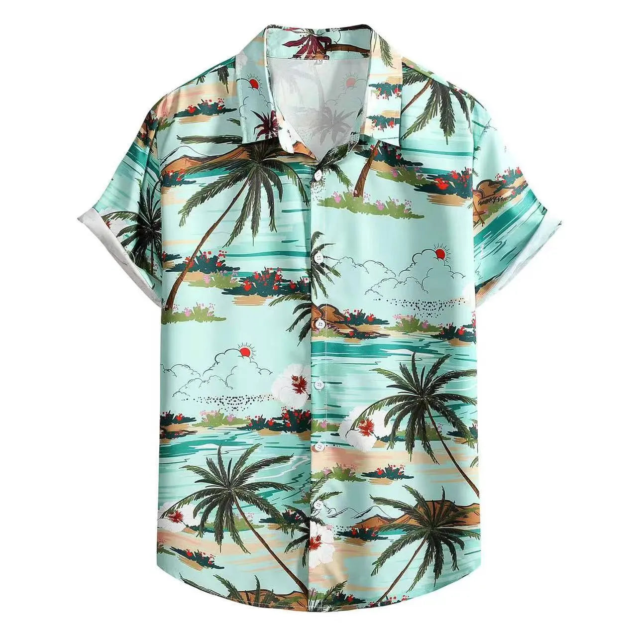 Hawaiian men's short-sleeved shirt with 3D printed colour pattern on polyester fabric