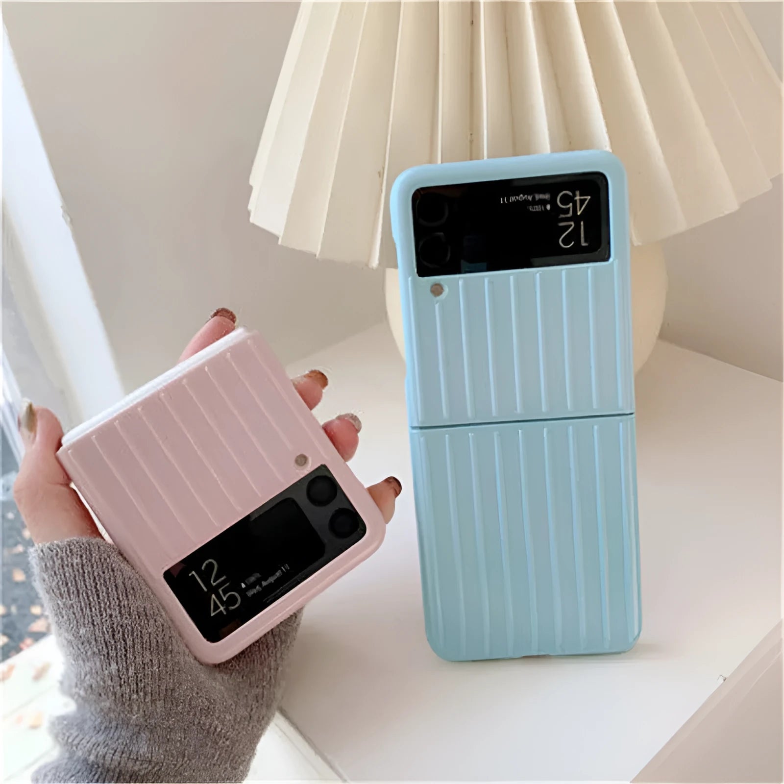 Samsung Z Flip3 flip phone case in solid colours including black, red, gold, and sky blue.