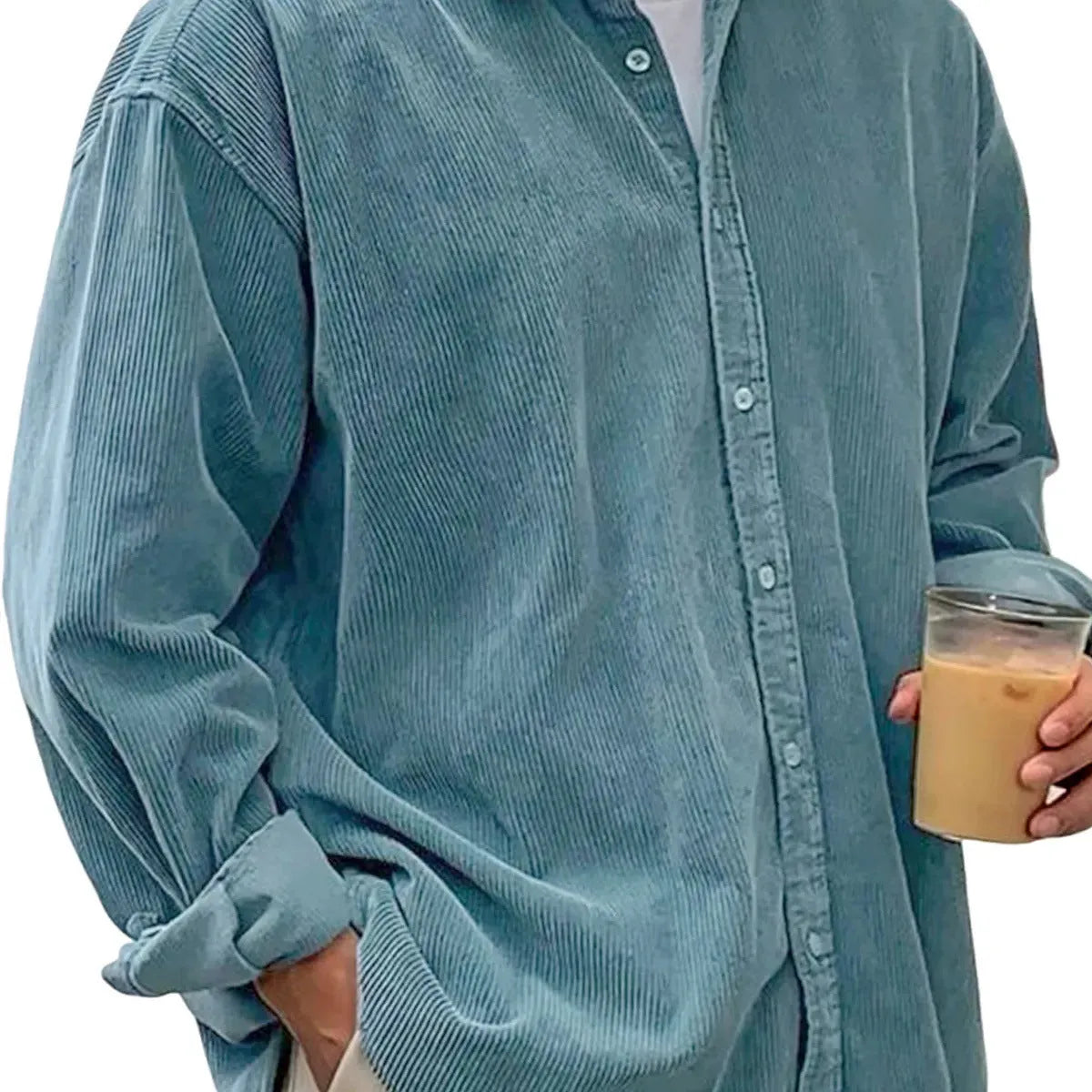 Men's casual loose corduroy shirt jacket solid colour autumn winter thick cardigan in gray, black, white, khaki, green, peacock green, navy blue